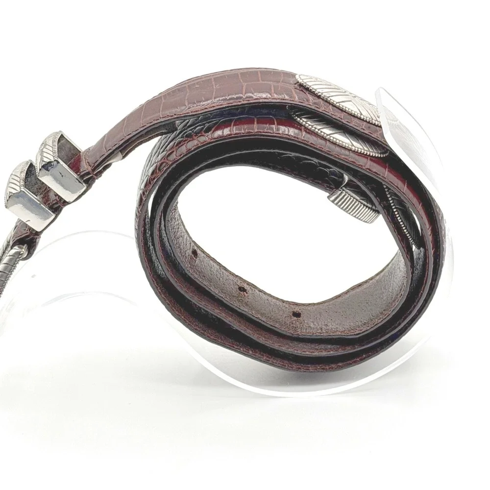 Fossil Brown‎ Croc Embossed Leather Belt Size 38 Silver Enraved Westerncore